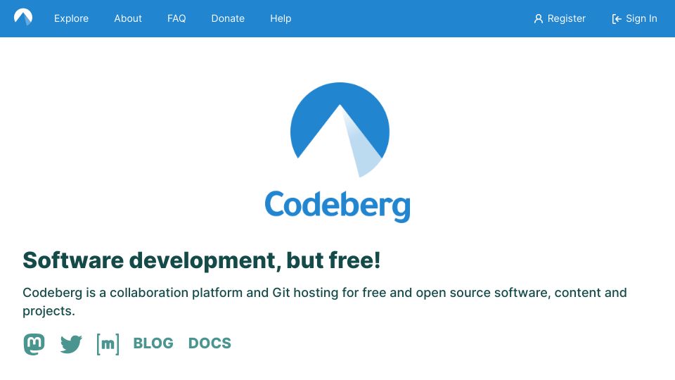 Screenshot of codeberg.org: Codeberg – Fast open source alternative to GitHub