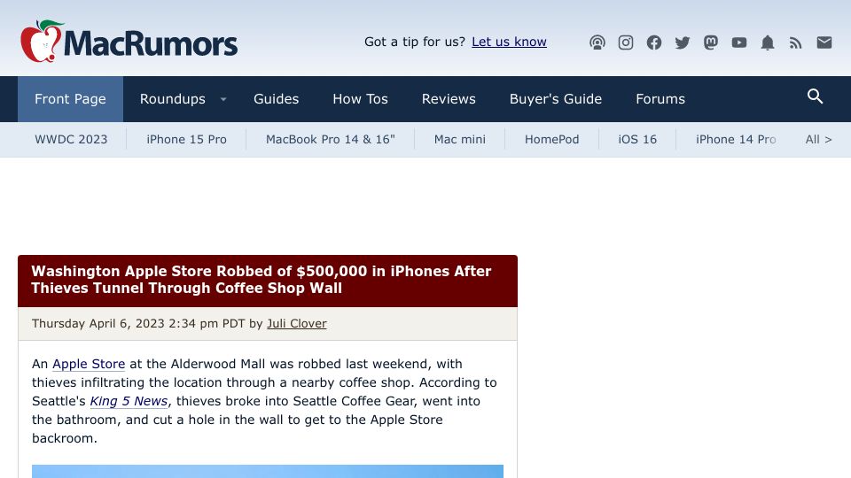 Screenshot of macrumors.com: Apple Store Robbed of $500K in iPhones After Thieves Tunnel Through Coffee Shop