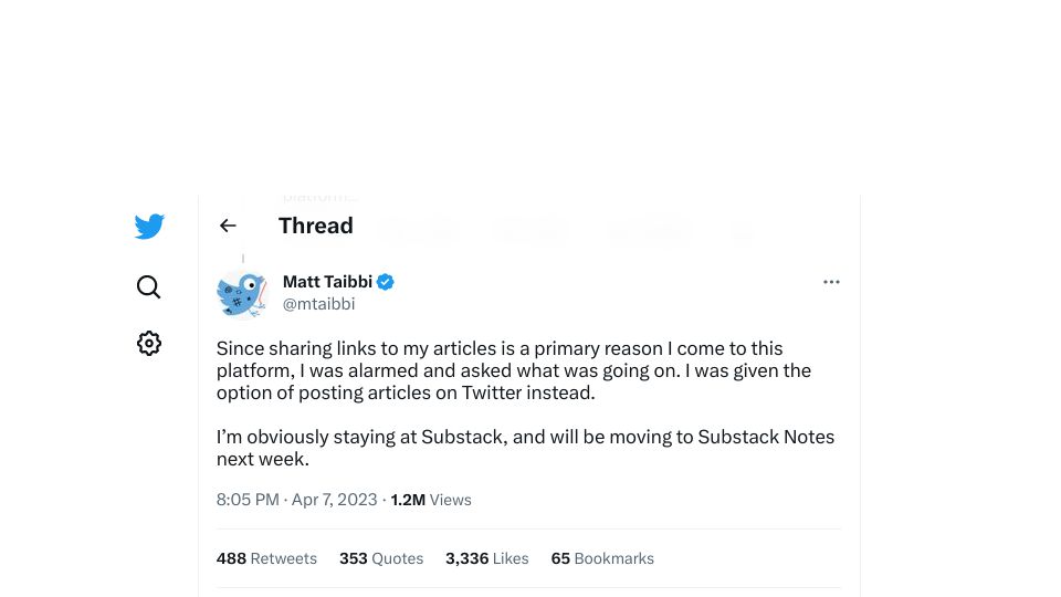 Screenshot of twitter.com: I’m staying at Substack, and will be moving to Substack Notes next week