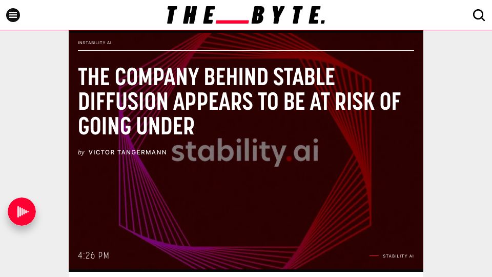 Screenshot of futurism.com: The company behind Stable Diffusion appears to be at risk of going under
