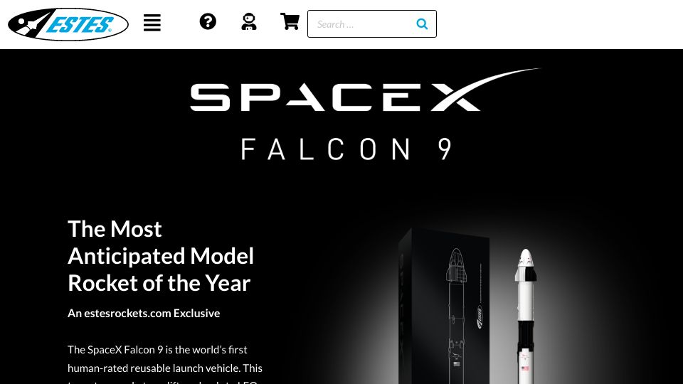 Screenshot of estesrockets.com: Estes Rockets Model Scale 1:100 Replica of SpaceX Falcon 9