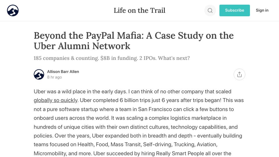 Screenshot of trailruncapital.substack.com: A Case Study on the Uber Alumni Network