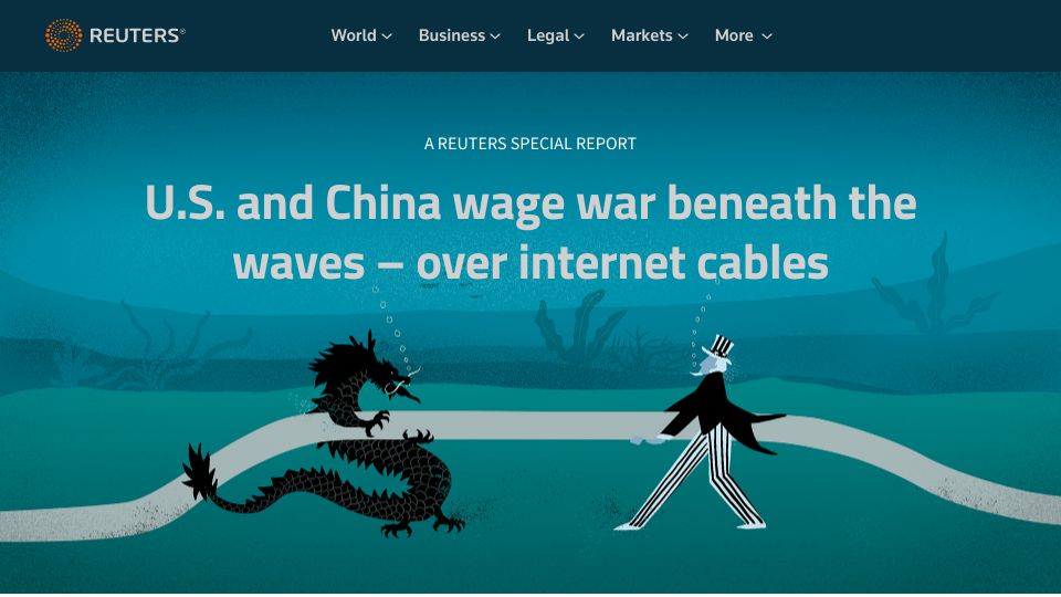 Screenshot of reuters.com: U.S. and China wage war beneath the waves over internet cables