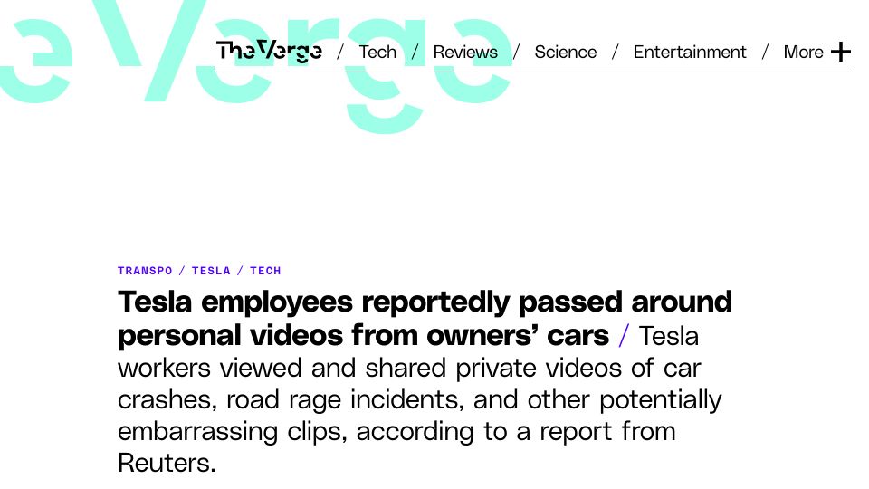 Screenshot of theverge.com: Tesla employees reportedly passed around personal videos from owners’ cars