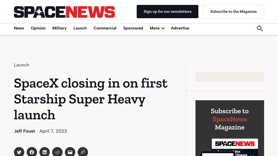 Screenshot of spacenews.com: SpaceX closing in on first Starship Super Heavy launch