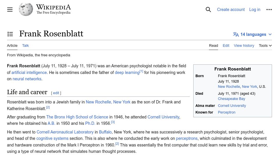 Screenshot of en.wikipedia.org: Frank Rosenblatt