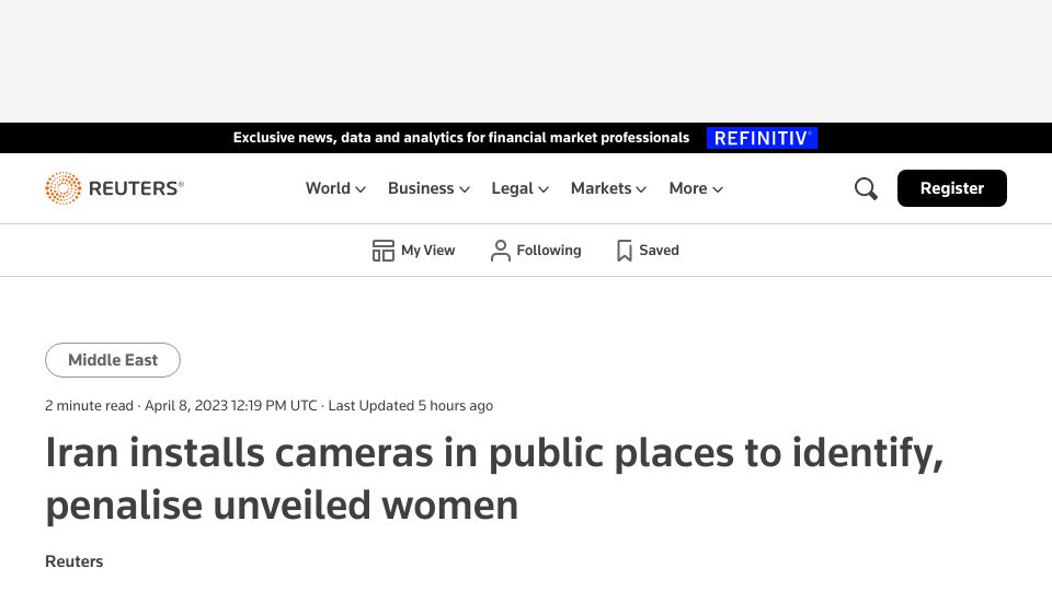 Screenshot of reuters.com: Iran installs cameras in public places to identify, penalise unveiled women