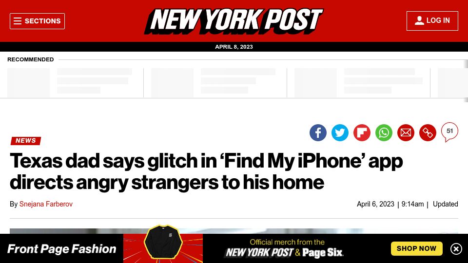 Screenshot of nypost.com: Dad says glitch in ‘Find My iPhone’ app directs angry strangers to his home