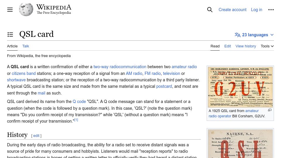 Screenshot of en.wikipedia.org: QSL Card