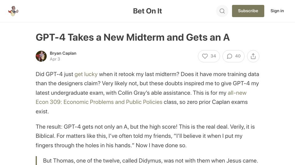 Screenshot of betonit.substack.com: GPT-4 Takes a New Midterm and Gets an A