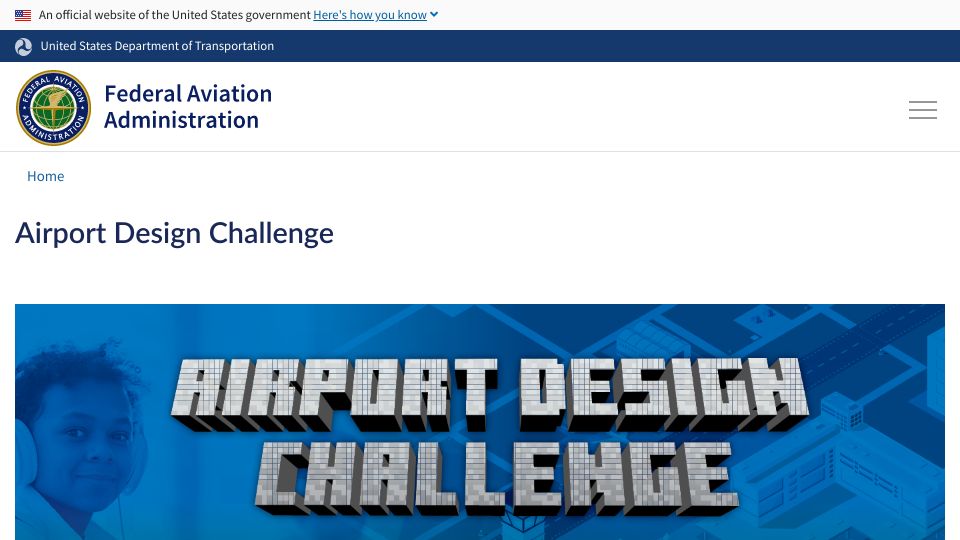 Screenshot of faa.gov: FAA K-12 Airport Design Challenge in Minecraft