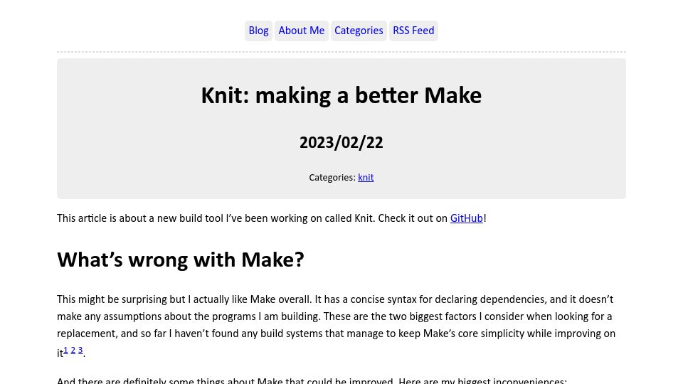 Screenshot of zyedidia.github.io: Knit: Making a Better Make