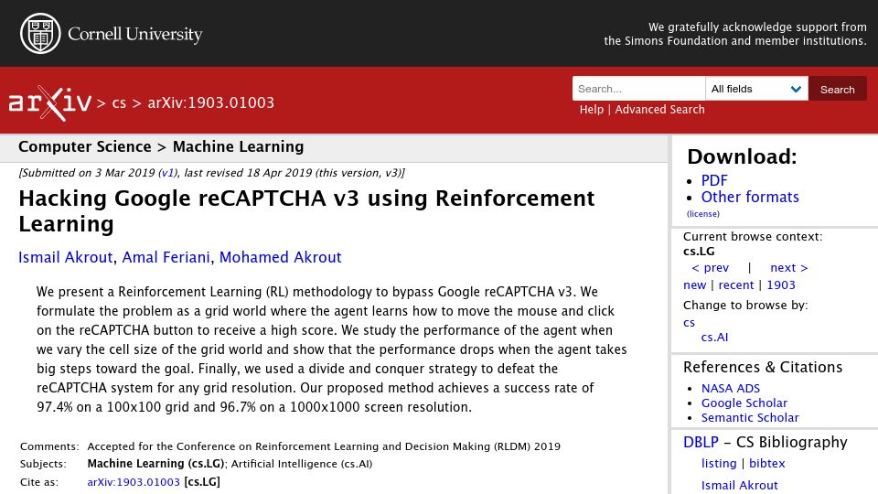 Screenshot of arxiv.org: Hacking Google ReCAPTCHA v3 Using Reinforcement Learning (2019)