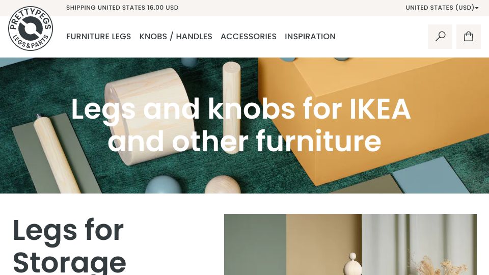 Screenshot of prettypegs.com: Legs and knobs for IKEA and other furniture