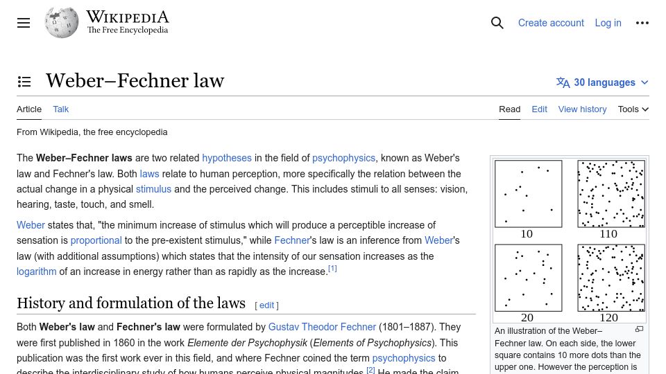 Screenshot of en.wikipedia.org: Weber–Fechner Law