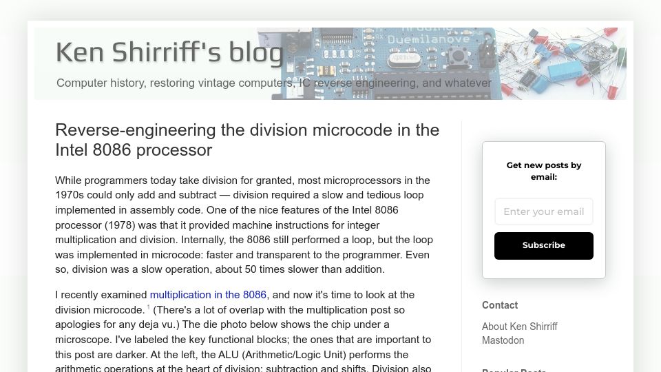 Screenshot of righto.com: Reverse-engineering the division microcode in the Intel 8086 processor