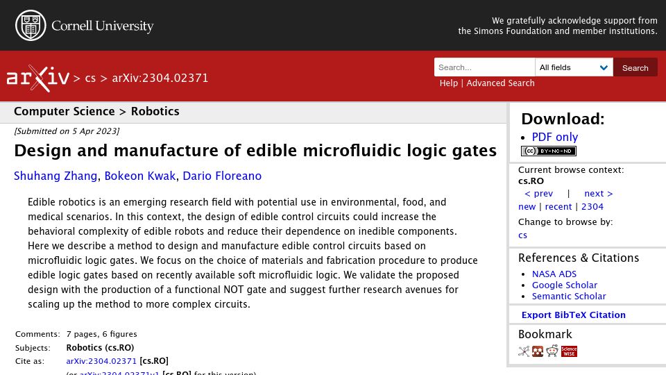 Screenshot of arxiv.org: Design and manufacture of edible microfluidic logic gates