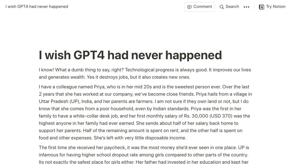 Screenshot of chaudhry.notion.site: I wish GPT4 had never happened