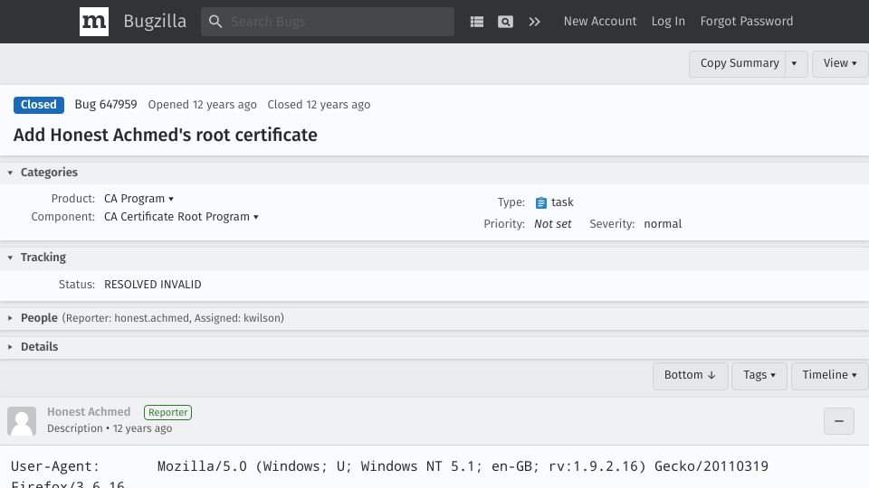 Screenshot of bugzilla.mozilla.org: Add Honest Achmed's root certificate (2011)