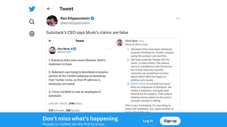 Screenshot of twitter.com: Substack’s CEO says Musk’s claims are false