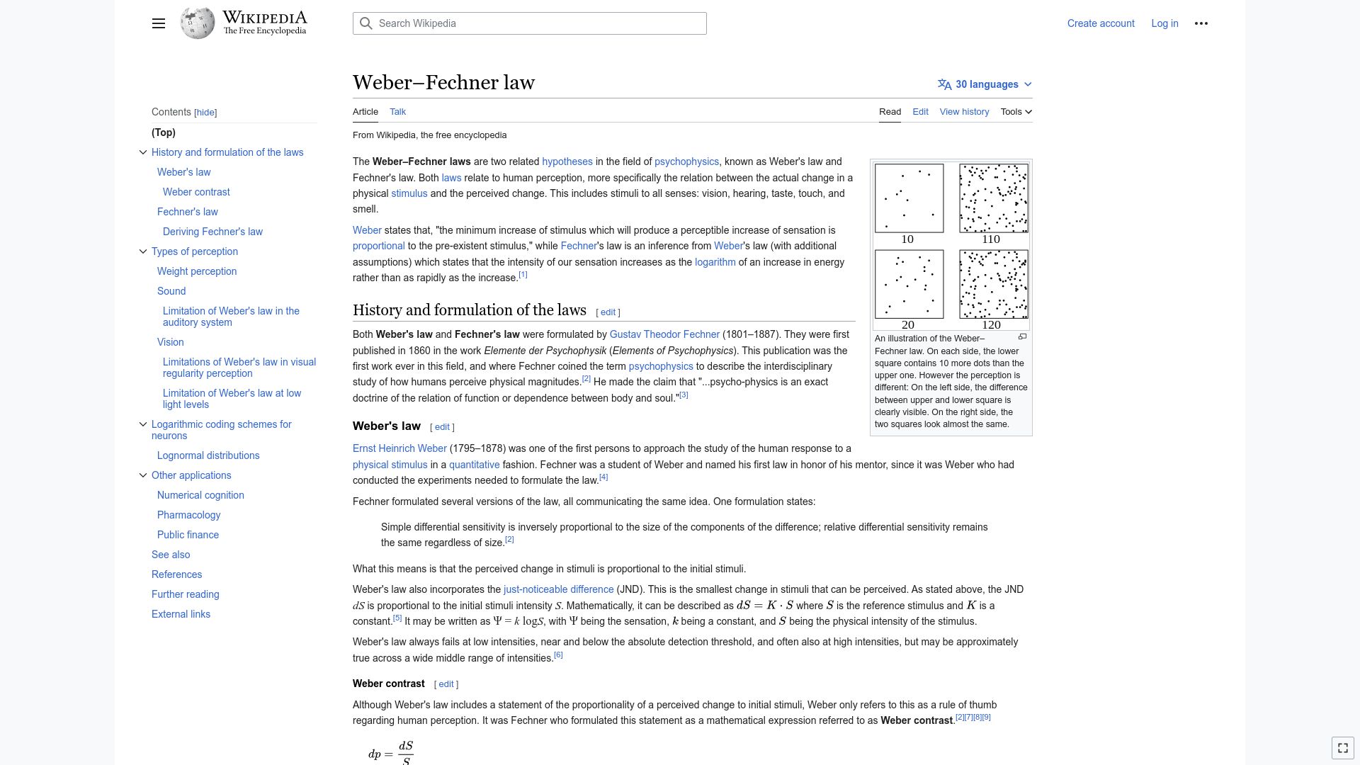 Screenshot of en.wikipedia.org: Weber–Fechner Law