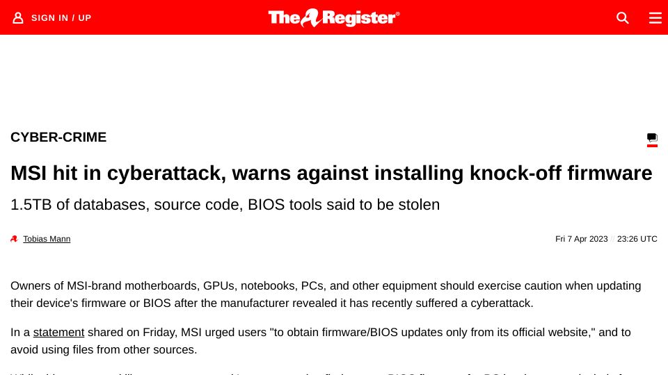 Screenshot of theregister.com: MSI confirms cyberattack, warns against unofficial firmware