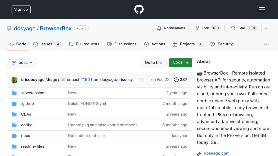 Screenshot of github.com: Show HN: BrowserBox – do stuff with browsers that you can't normally