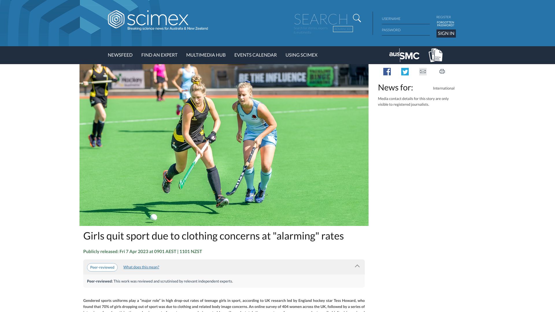 Screenshot of scimex.org: Gendered uniforms lead to high dropout rates of teenage girls in sport: research