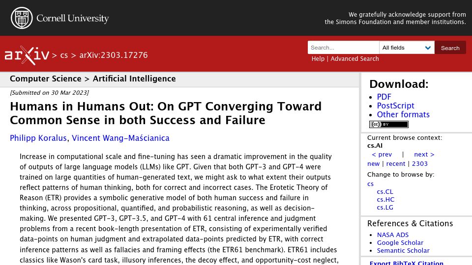 Screenshot of arxiv.org: Humans in Humans Out: GPT Converging Toward Common Sense in Both Success/Failure