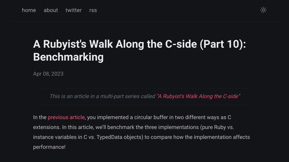 Screenshot of blog.peterzhu.ca: A Rubyist's Walk Along the C-Side (Part 10): Benchmarking