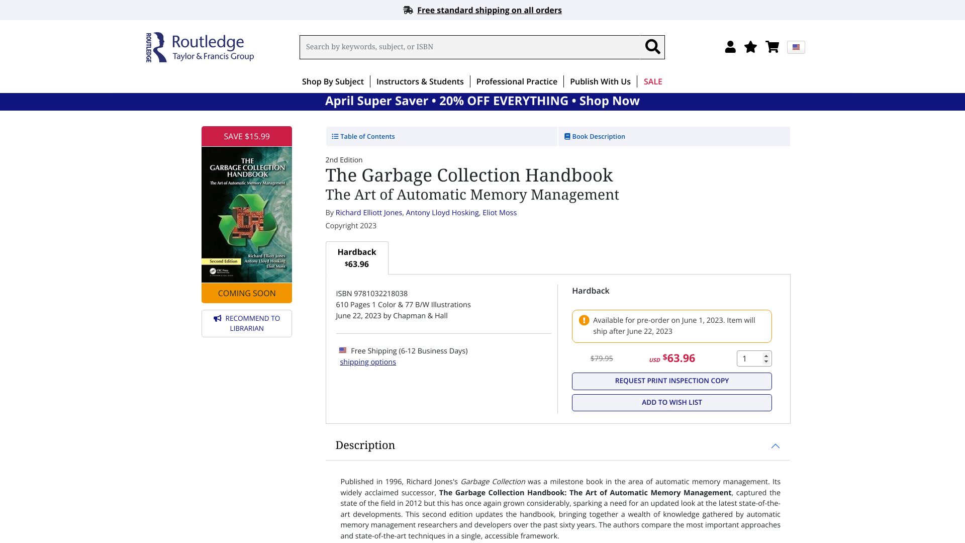 Screenshot of routledge.com: The Garbage Collection Handbook, 2nd Edition