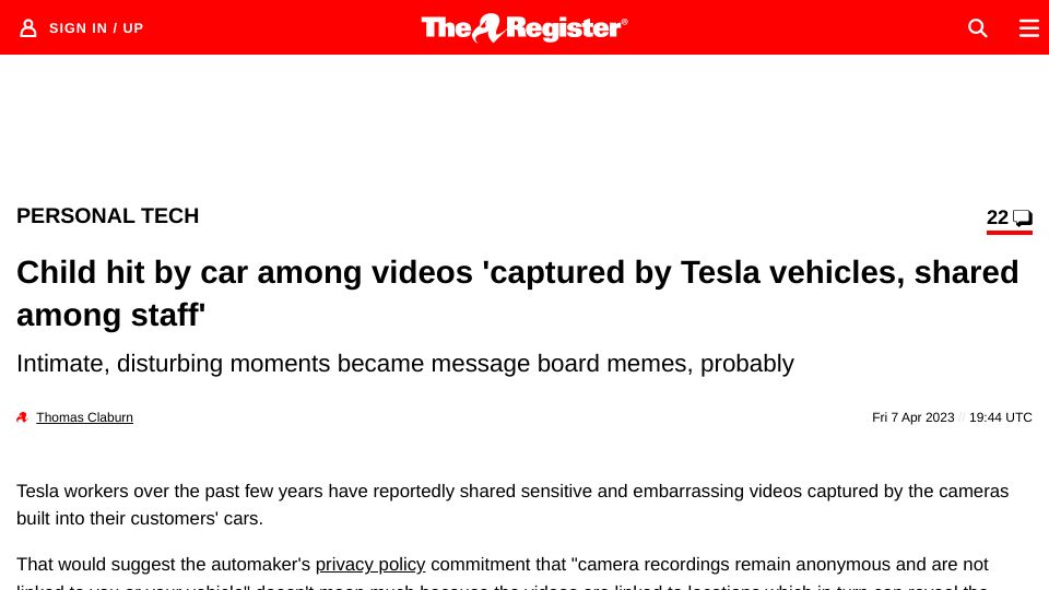 Screenshot of theregister.com: Child hit by car among videos 'captured by Tesla vehicles, shared among staff'