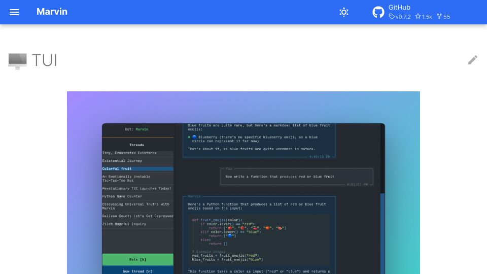 Screenshot of askmarvin.ai: Show HN: A ChatGPT TUI with custom bots