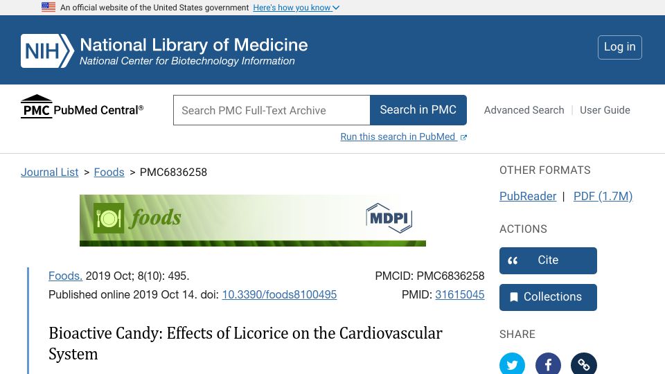 Screenshot of ncbi.nlm.nih.gov: Effects of Licorice on the Cardiovascular System (2019)