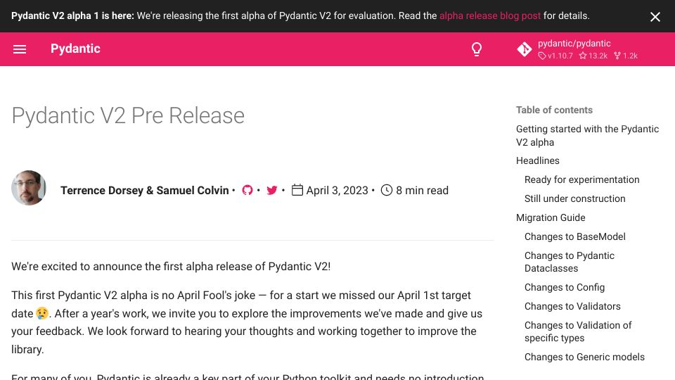 Screenshot of docs.pydantic.dev: Pydantic V2 rewritten in Rust is 5-50x faster than Pydantic V1