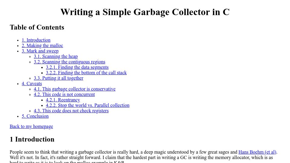 Screenshot of maplant.com: Writing a Simple Garbage Collector in C (2014)