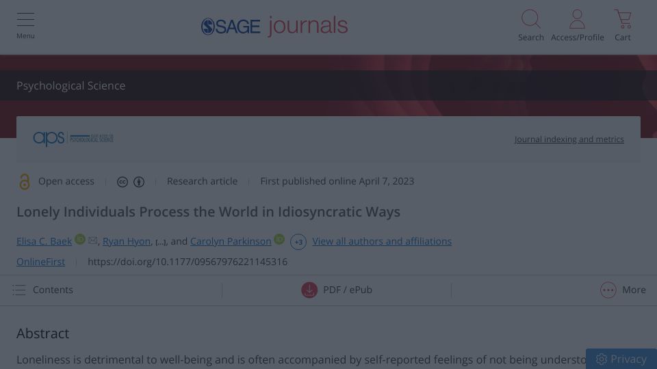 Screenshot of journals.sagepub.com: Lonely individuals process the world in idiosyncratic ways