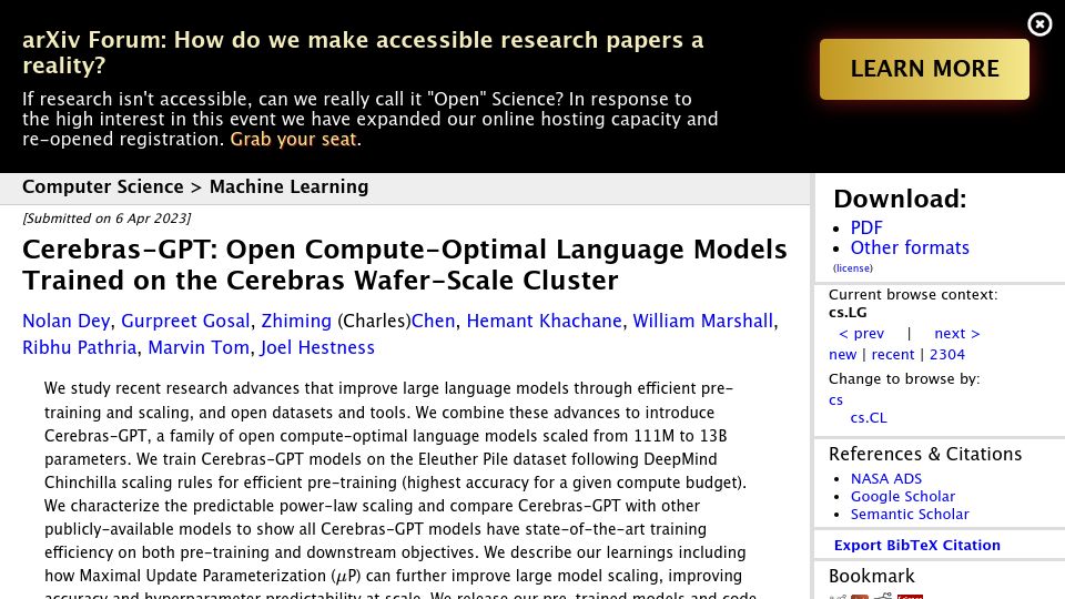 Screenshot of arxiv.org: Cerebras-GPT: Open Compute-Optimal Language Models Trained on Cerebras Cluster