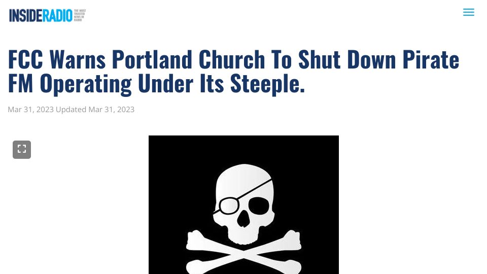 Screenshot of insideradio.com: FCC warns Portland church to shut down pirate FM operating under its steeple