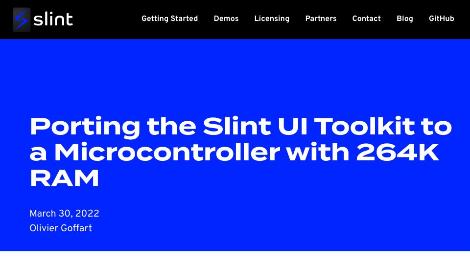 Screenshot of slint-ui.com: Porting the Slint UI Toolkit to a Microcontroller with 264K RAM