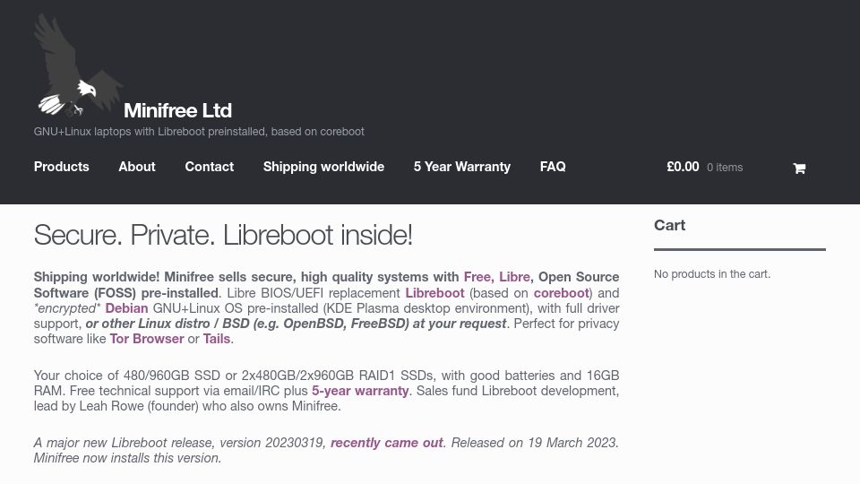 Screenshot of minifree.org: GNU+Linux laptops with Libreboot preinstalled, based on coreboot