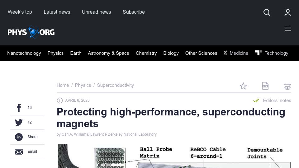 Screenshot of phys.org: Protecting high-performance superconducting magnets