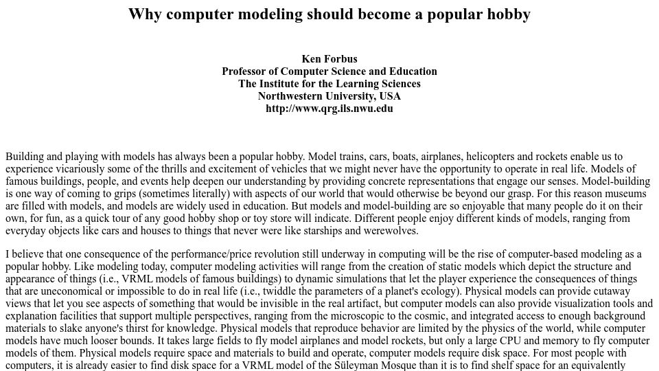 Screenshot of qrg.northwestern.edu: Why computer modeling should become a popular hobby (1996)
