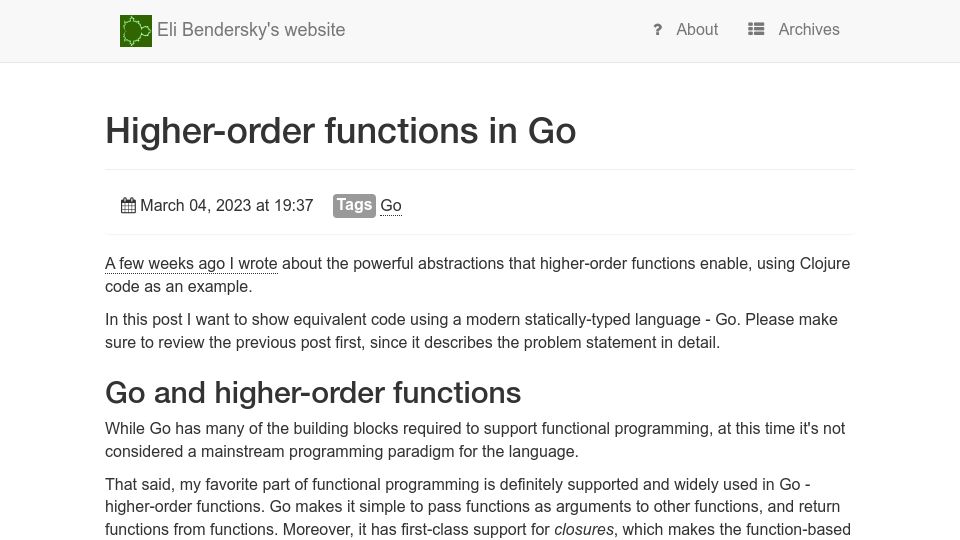 Screenshot of eli.thegreenplace.net: Higher-order functions in Go