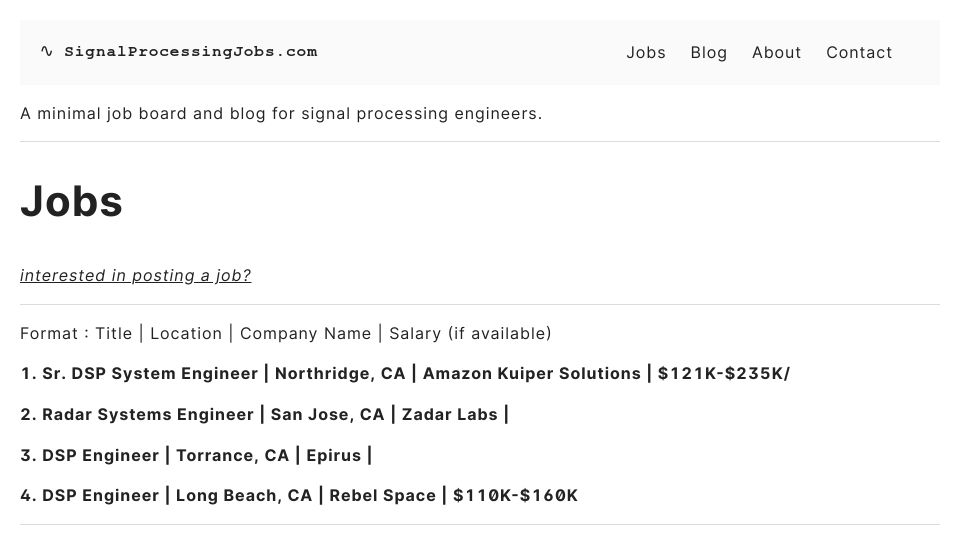 Screenshot of signalprocessingjobs.com: Show HN: A minimal job board for signal processing engineers