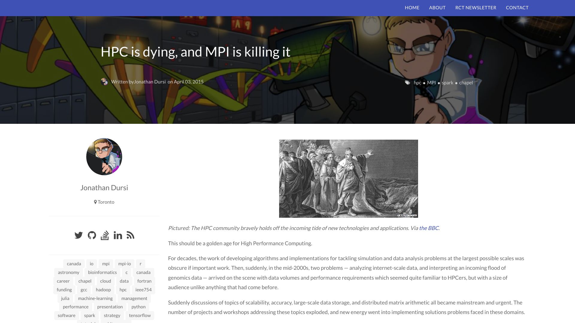 Screenshot of dursi.ca: HPC is dying, and MPI is killing it (2015)