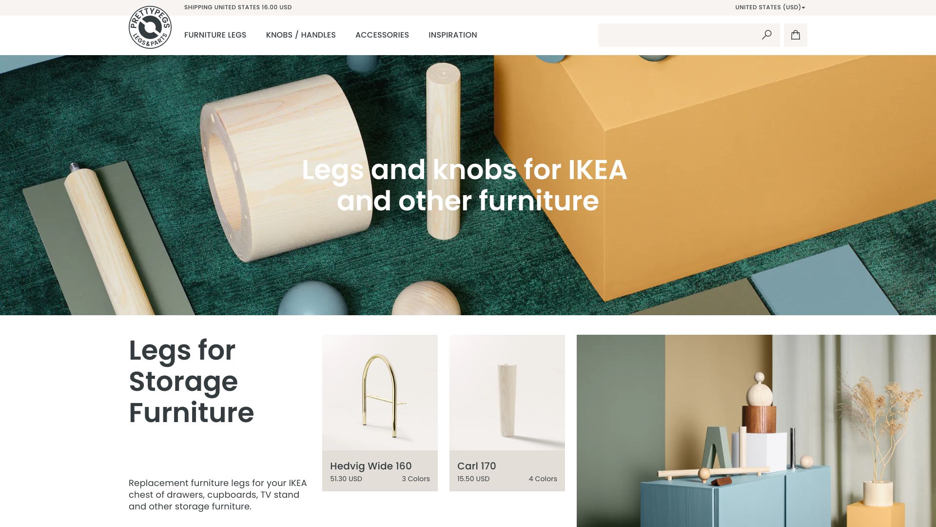 Screenshot of prettypegs.com: Legs and knobs for IKEA and other furniture