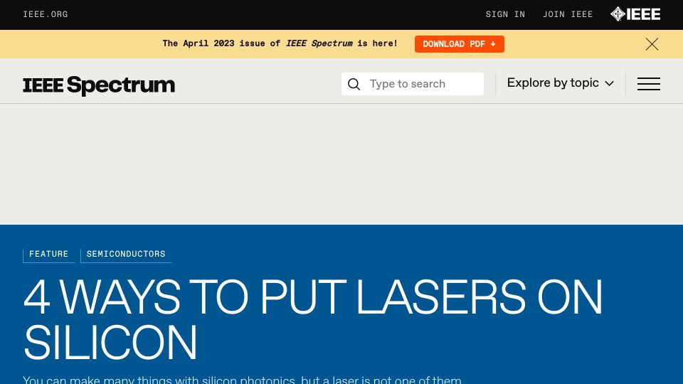 Screenshot of spectrum.ieee.org: Ways to Put Lasers on Silicon