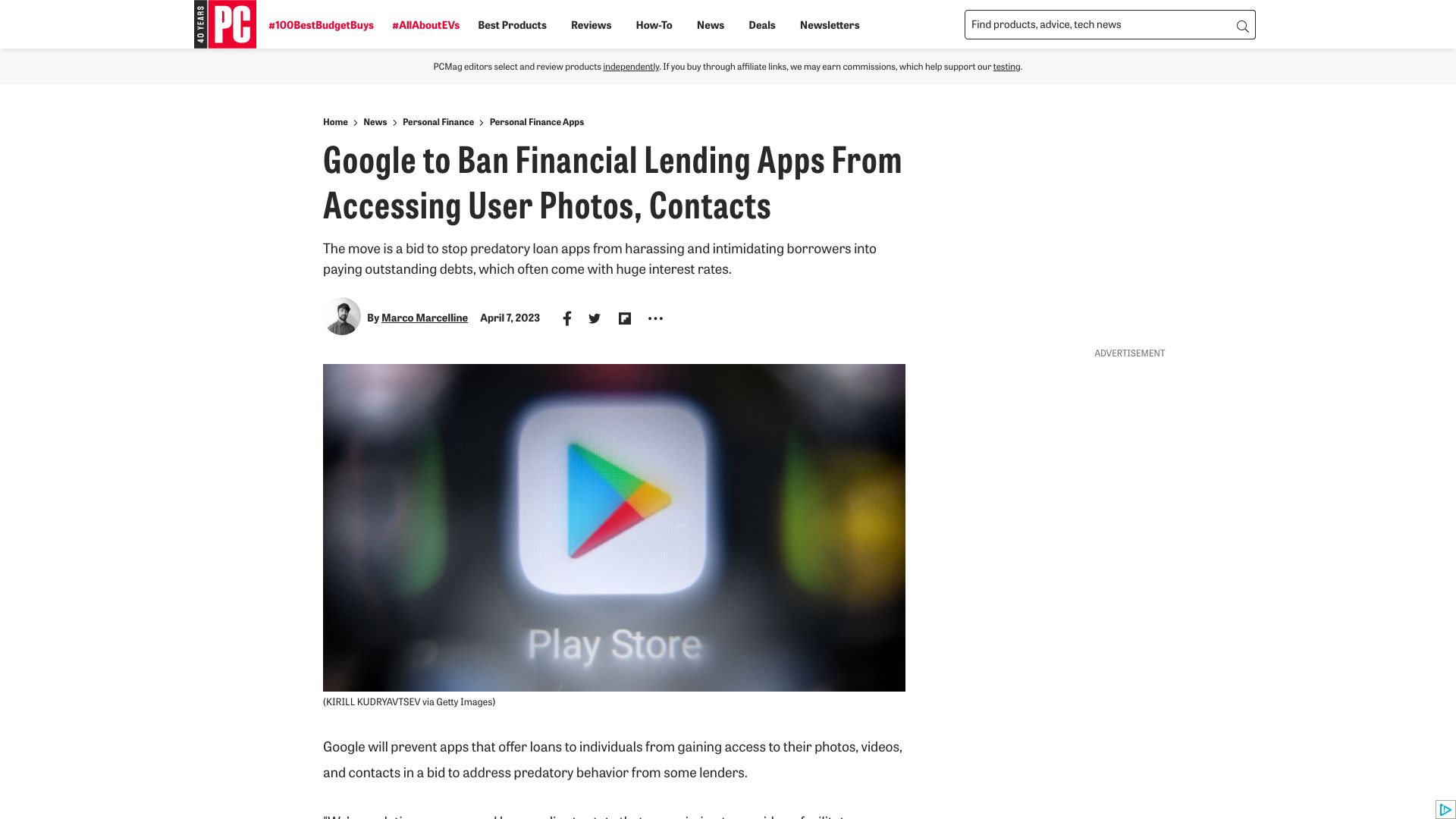 Screenshot of pcmag.com: Google to ban financial lending apps from accessing user photos, contacts