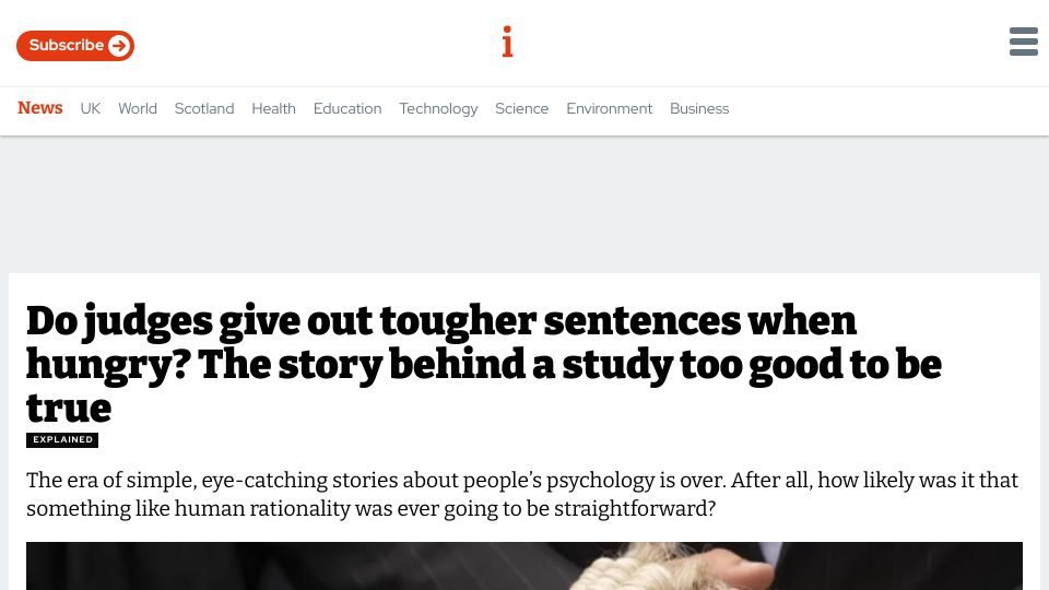 Screenshot of inews.co.uk: Do judges give out tougher sentences when hungry? A study too good to be true